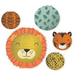 Little Gym - Get Wild Lion & Tiger Paper Lantern Hanging Decorations, Orange/Green, 9.5-in, 5-pk, for Birthday Party