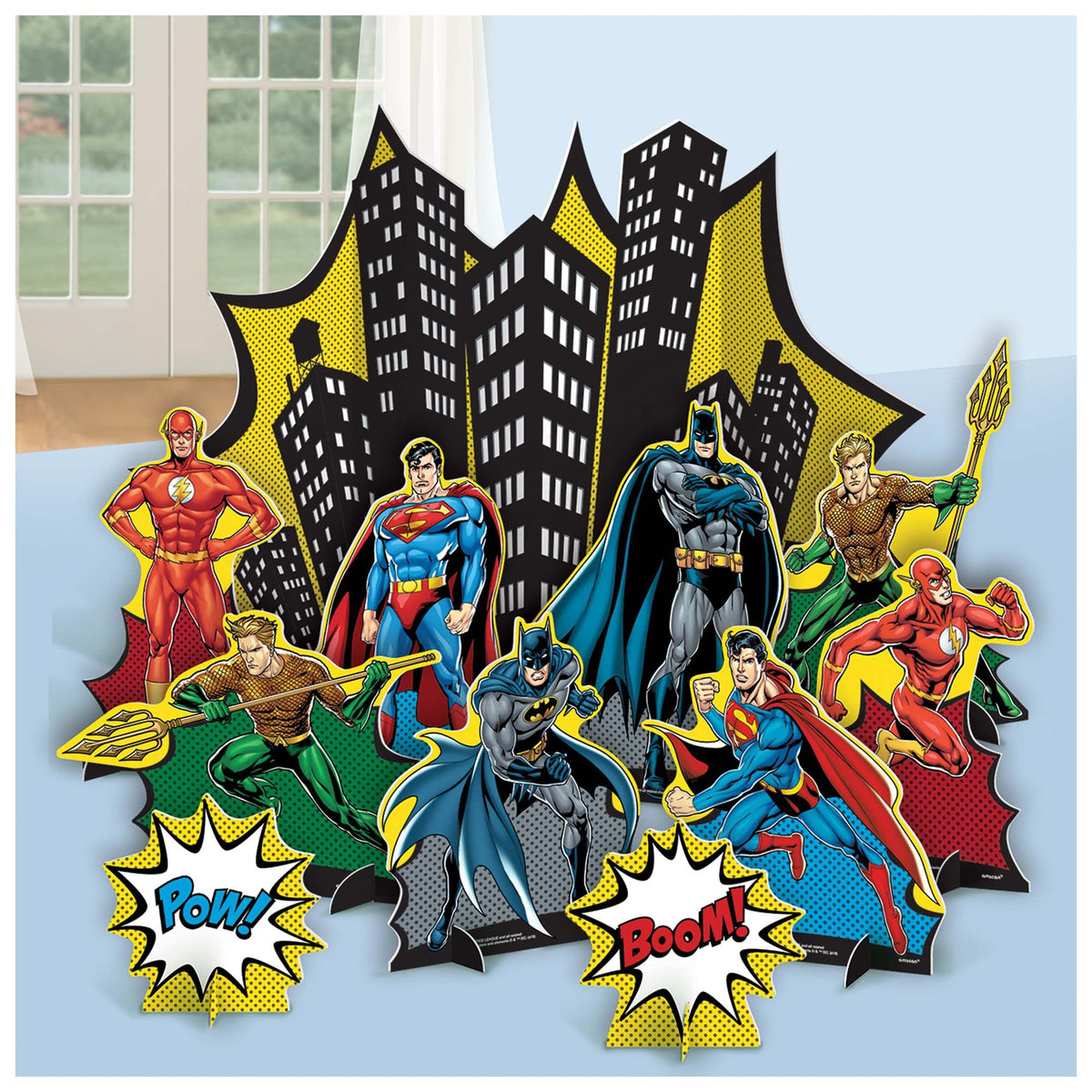 Little Gym - DC Justice League "Pow! Boom!" Superman/Batman/Flash Table Decorating Kit Centerpieces, Multi-Coloured, 13.5-in, 4-pk, for Birthday Party