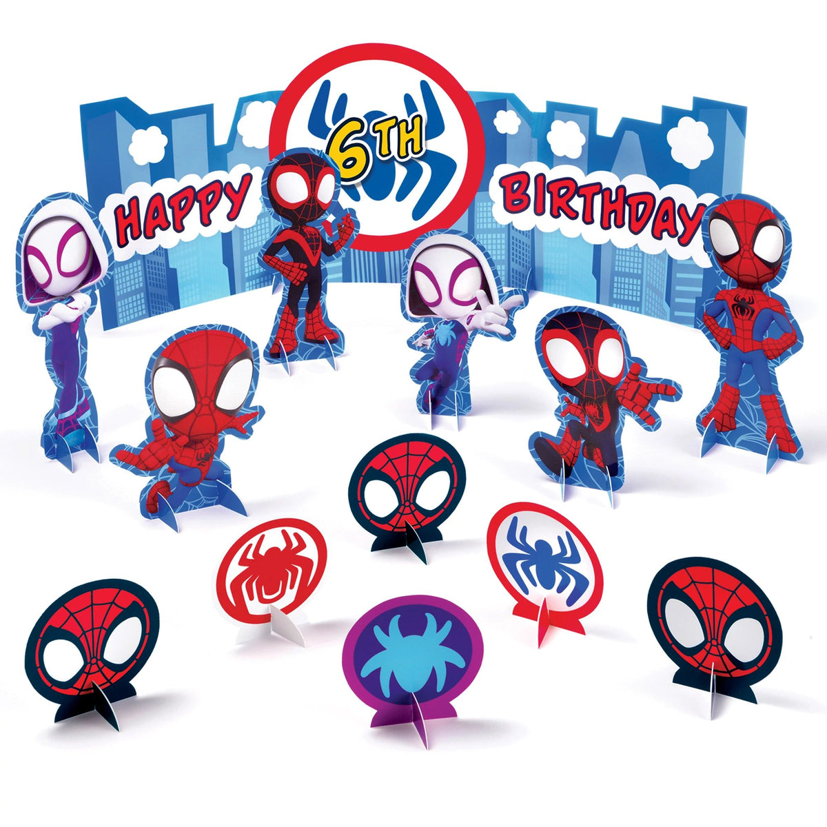 Little Gym - Disney Marvel Spidey & His Amazing Friends "Happy Birthday" DIY Customizable Table Centerpiece Decoration, Red/Blue, 16-in, 14-pk, for Birthday Party
