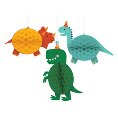 Little Gym - Dino-Mite Dinosaurs Honeycomb Hanging Decorations, Yellow/Green/Blue, 10-in, 3-pk, for Birthday Party