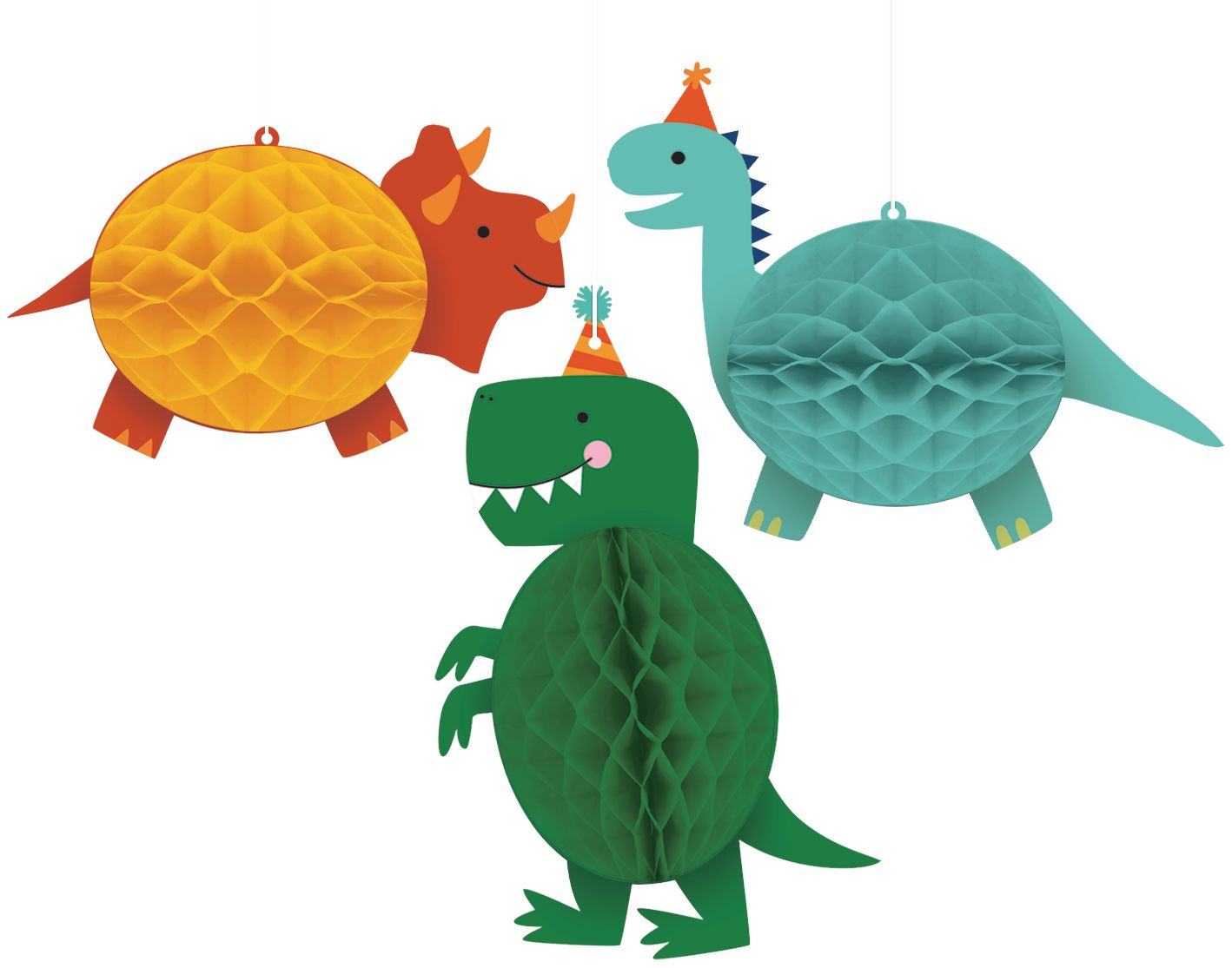 Little Gym - Dino-Mite Dinosaurs Honeycomb Hanging Decorations, Yellow/Green/Blue, 10-in, 3-pk, for Birthday Party