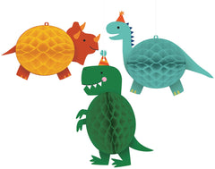 Little Gym - Dino-Mite Dinosaurs Honeycomb Hanging Decorations, Yellow/Green/Blue, 10-in, 3-pk, for Birthday Party