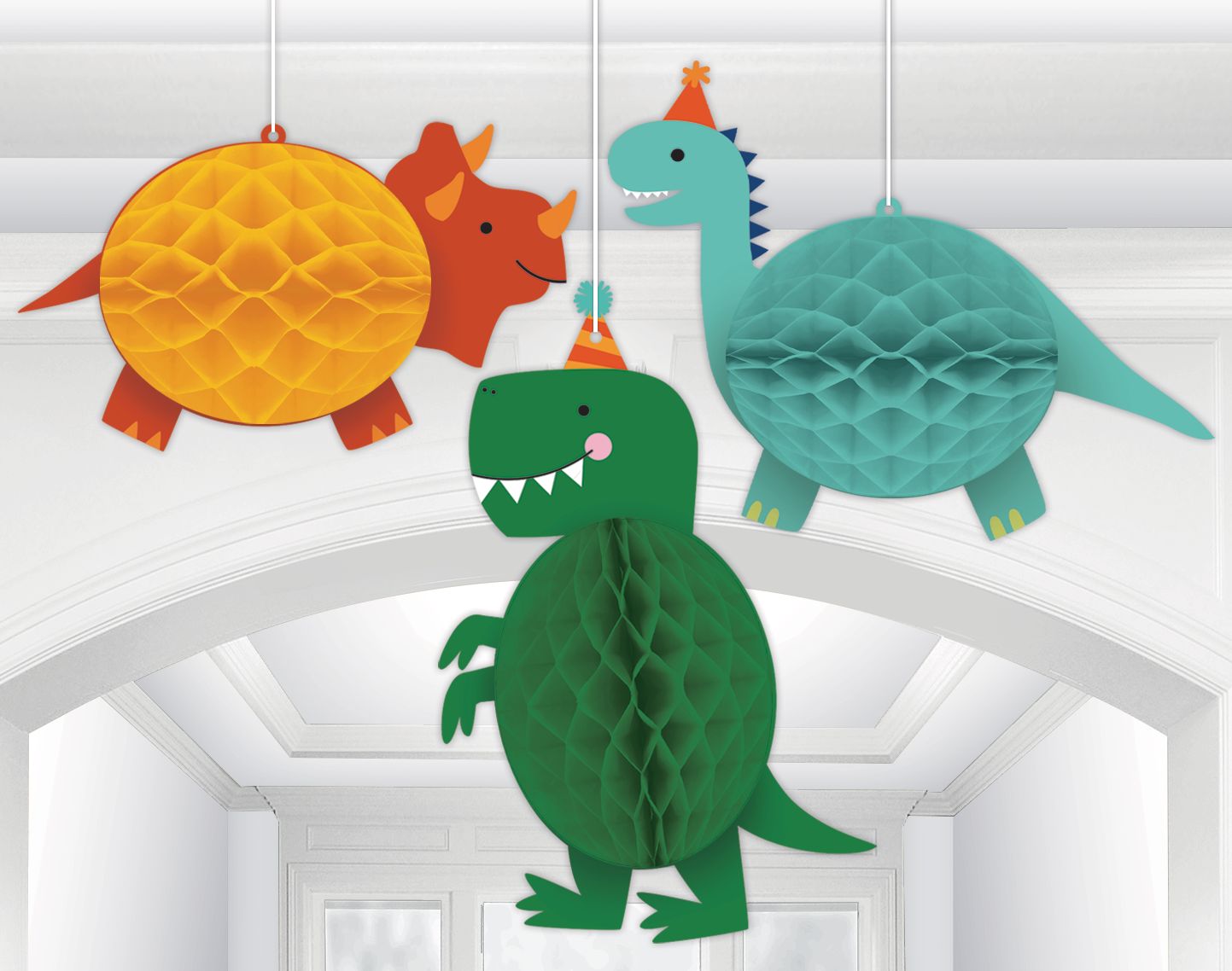 Little Gym - Dino-Mite Dinosaurs Honeycomb Hanging Decorations, Yellow/Green/Blue, 10-in, 3-pk, for Birthday Party