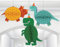 Little Gym - Dino-Mite Dinosaurs Honeycomb Hanging Decorations, Yellow/Green/Blue, 10-in, 3-pk, for Birthday Party