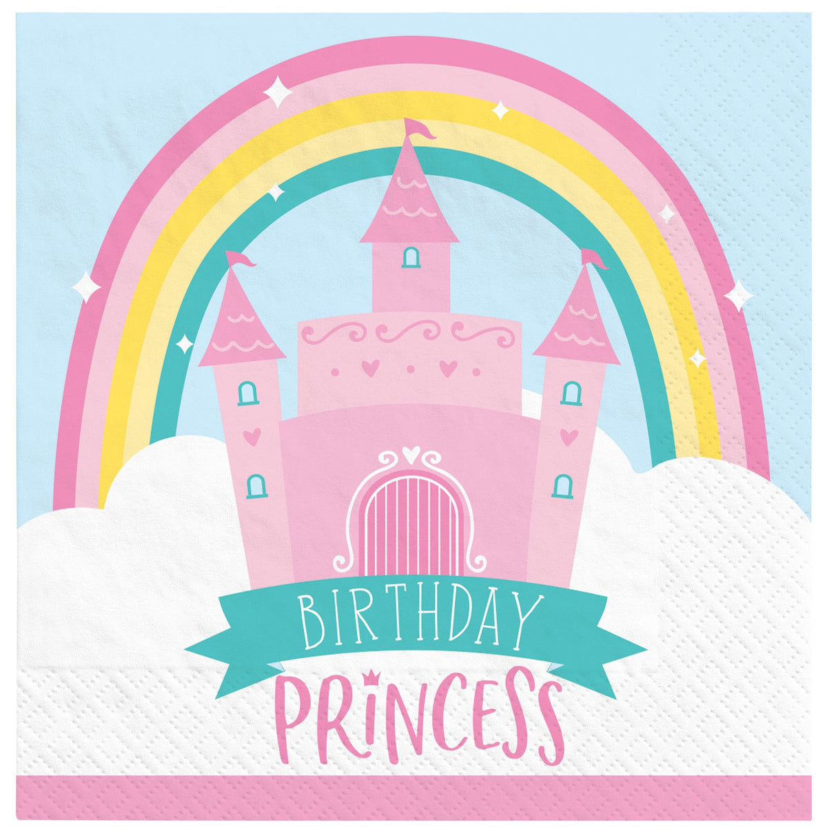 Little Gym - "Birthday Princess" Square Paper Disposable Beverage Napkins, Blue/Pink, Rainbow, 5-in, 16-pk, 2-ply, for Birthday Party