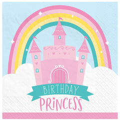 Little Gym - "Birthday Princess" Square Paper Disposable Beverage Napkins, Blue/Pink, Rainbow, 5-in, 16-pk, 2-ply, for Birthday Party