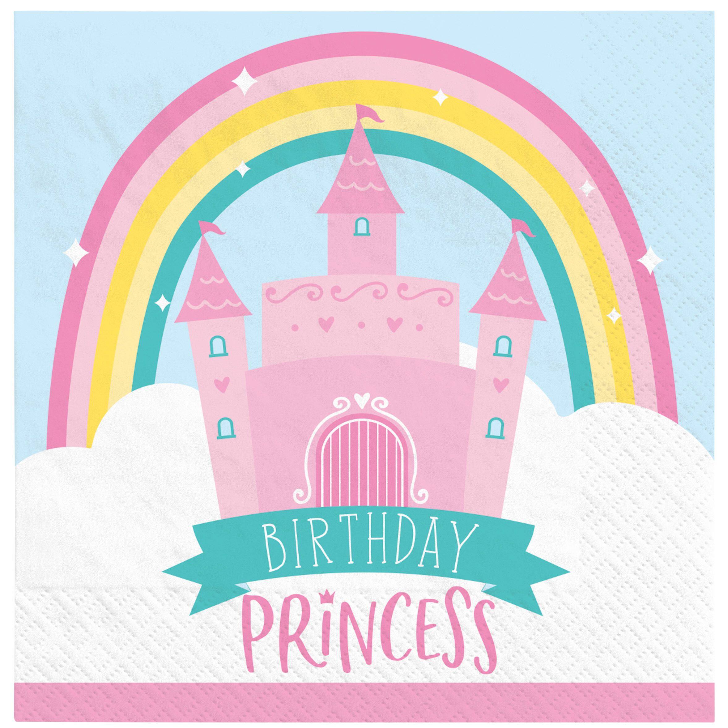 Little Gym - "Birthday Princess" Square Paper Disposable Beverage Napkins, Blue/Pink, Rainbow, 5-in, 16-pk, 2-ply, for Birthday Party