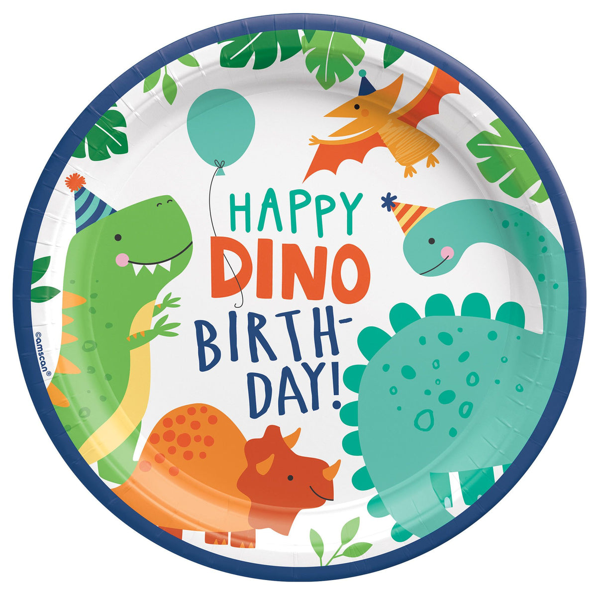 Little Gym - Dino-Mite "Happy Dino Birthday" Dinosaur Round Paper Disposable Lunch Plates, Blue/Green, 9-in, 8-pk, for Birthday Party