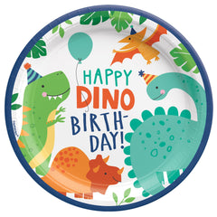 Little Gym - Dino-Mite "Happy Dino Birthday" Dinosaur Round Paper Disposable Lunch Plates, Blue/Green, 9-in, 8-pk, for Birthday Party
