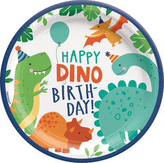 Little Gym - Dino-Mite "Happy Dino Birthday" Dinosaur Round Paper Disposable Lunch Plates, Blue/Green, 9-in, 8-pk, for Birthday Party