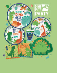 Little Gym - Dino-Mite "Happy Dino Birthday" Dinosaur Round Paper Disposable Lunch Plates, Blue/Green, 9-in, 8-pk, for Birthday Party