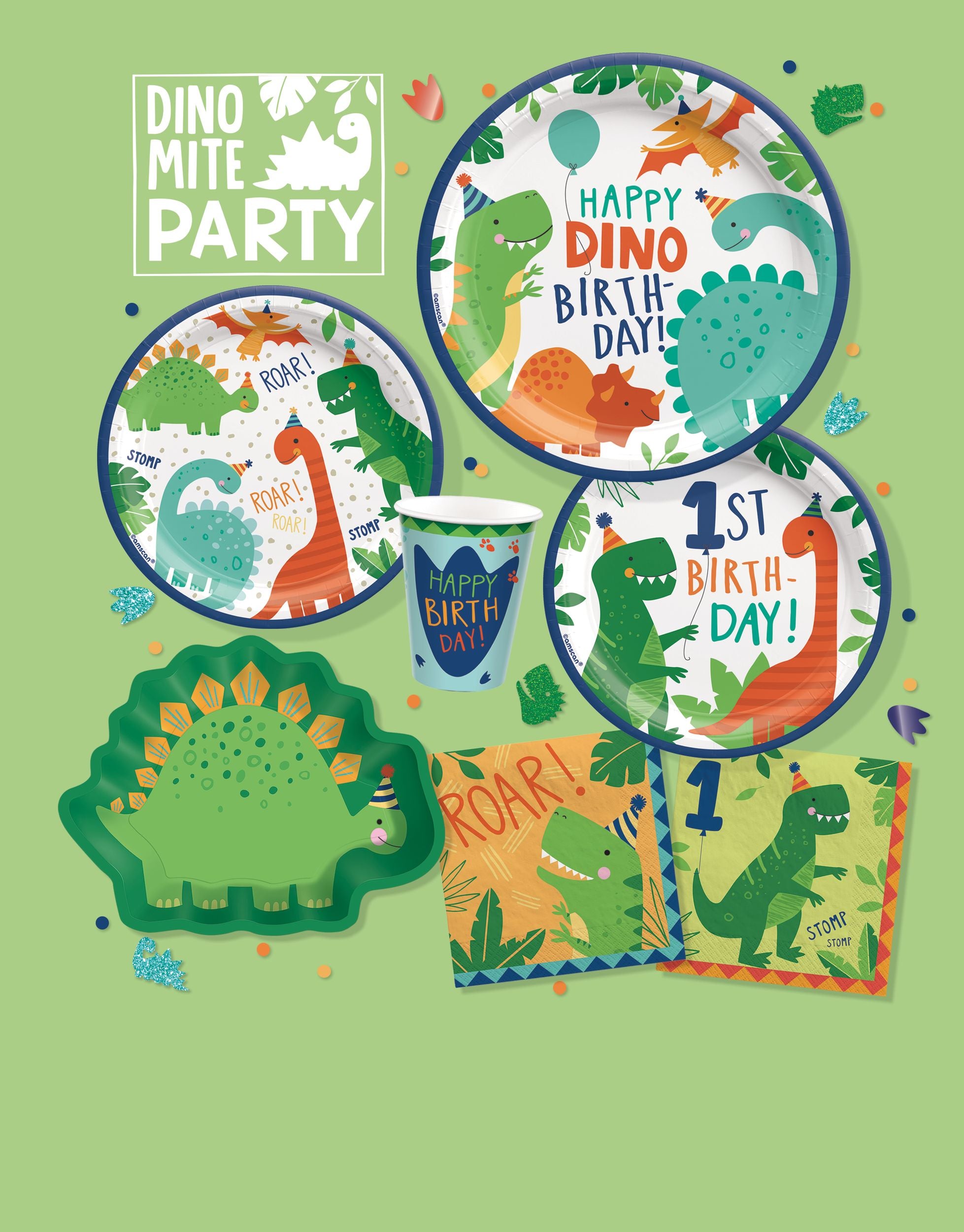 Little Gym - Dino-Mite "Happy Dino Birthday" Dinosaur Round Paper Disposable Lunch Plates, Blue/Green, 9-in, 8-pk, for Birthday Party