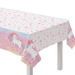 Little Gym - Amscan Unicorn Rectangle Plastic Reusable Table Cover, Pink/White, 54 x 96-in