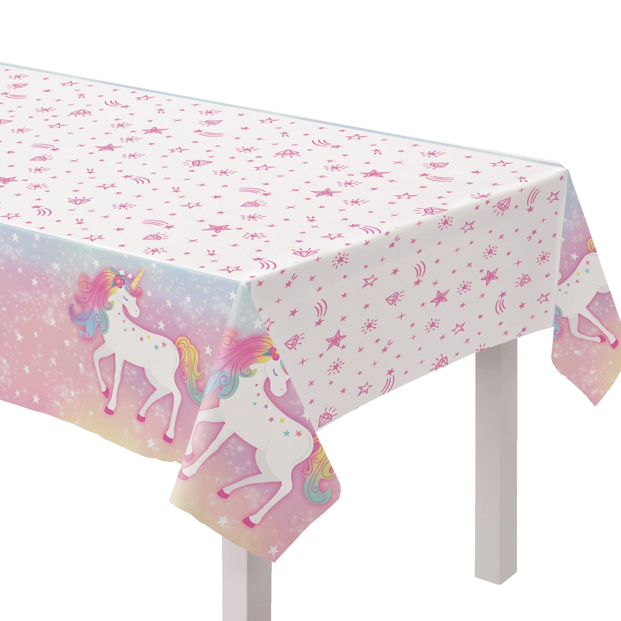 Little Gym - Amscan Unicorn Rectangle Plastic Reusable Table Cover, Pink/White, 54 x 96-in