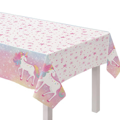 Little Gym - Amscan Unicorn Rectangle Plastic Reusable Table Cover, Pink/White, 54 x 96-in