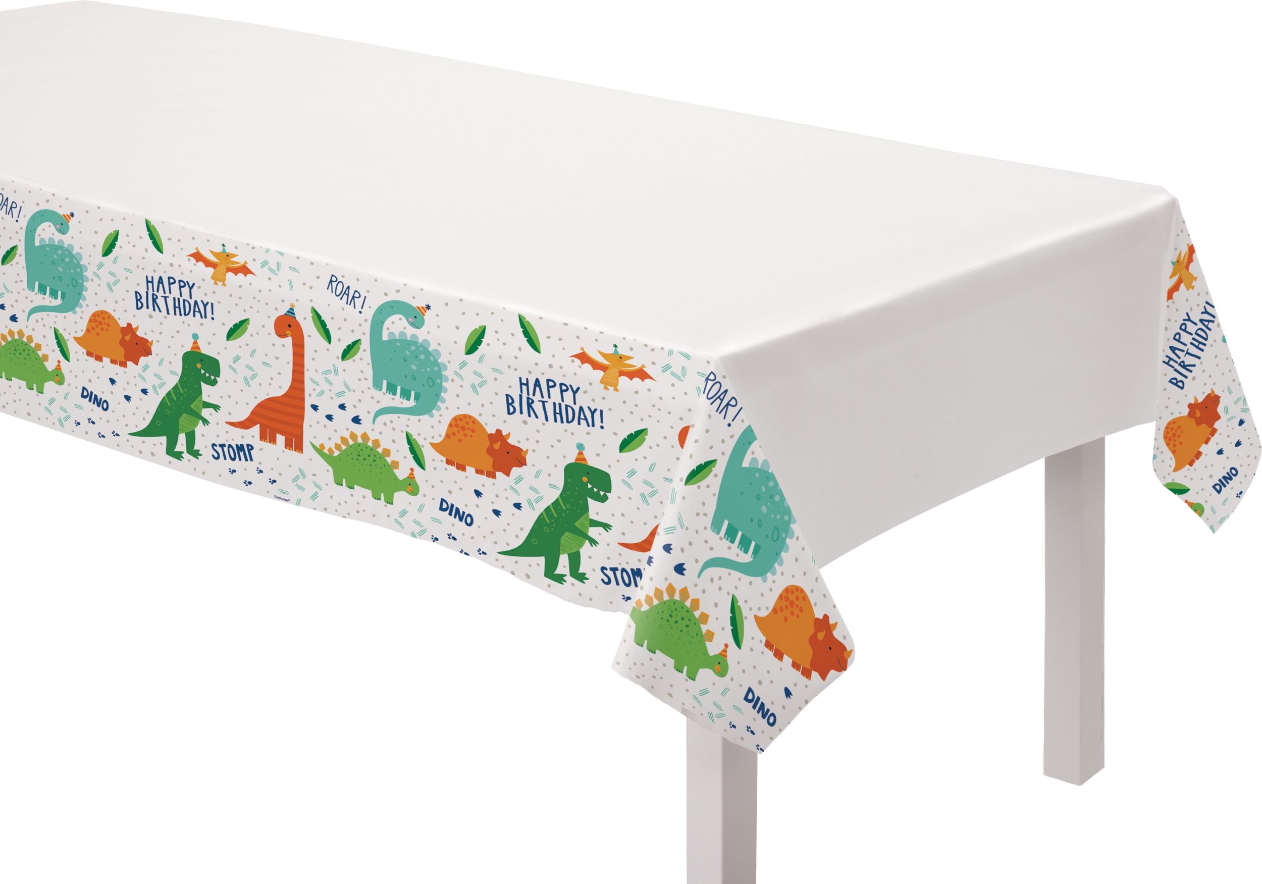 Little Gym - Dino-Mite "Happy Birthday" Rectangle Plastic Reusable Table Cover, Green/Orange/White, 54x96-in, for Birthday Party
