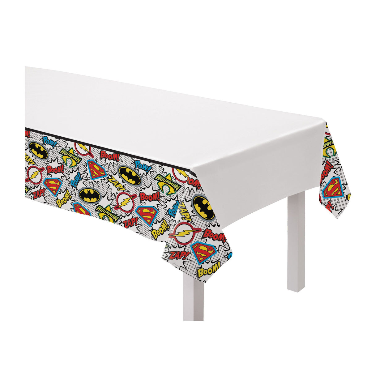Little Gym - DC Justice League "Boom! Zap! Pow!" Rectangle Plastic Reusable Table Cover, Multi-Coloured, 54x96-in, for Birthday Party