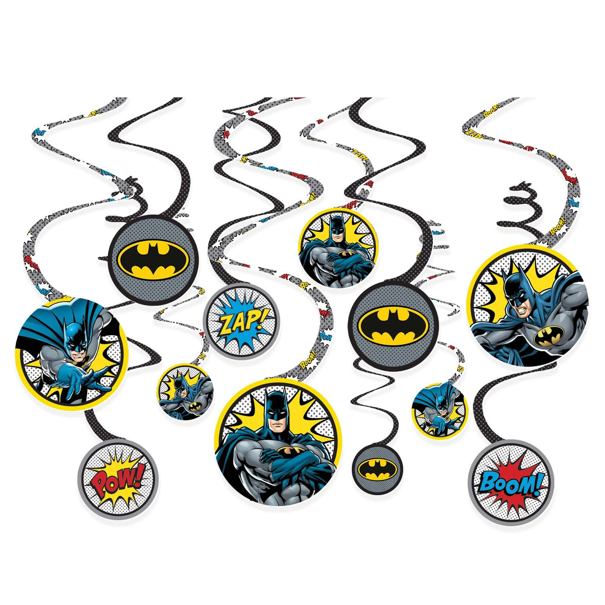 Little Gym - DC Justice League "Zap Pow Boom" Batman Swirl Hanging Decorations, Black/Yellow, 10-in, for Birthday Party- 12 Ct.