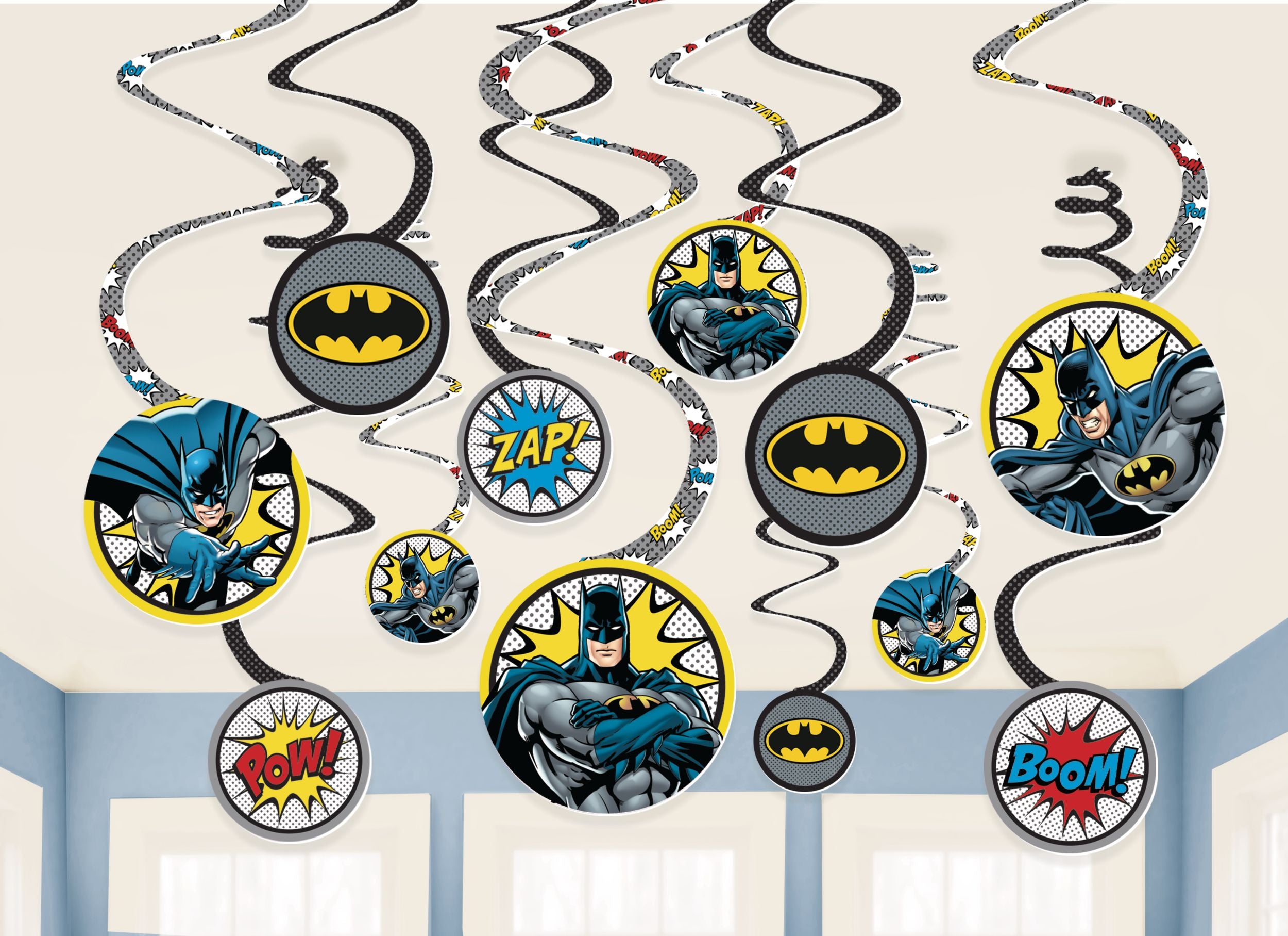 Little Gym - DC Justice League "Zap Pow Boom" Batman Swirl Hanging Decorations, Black/Yellow, 10-in, for Birthday Party- 12 Ct.