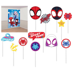 Little Gym - Disney Marvel Spidey & His Amazing Friends Plastic Scene Setter Background Decoration with Photo Booth Props, Blue/Red, 14.5-in, 16-pk, for Birthday