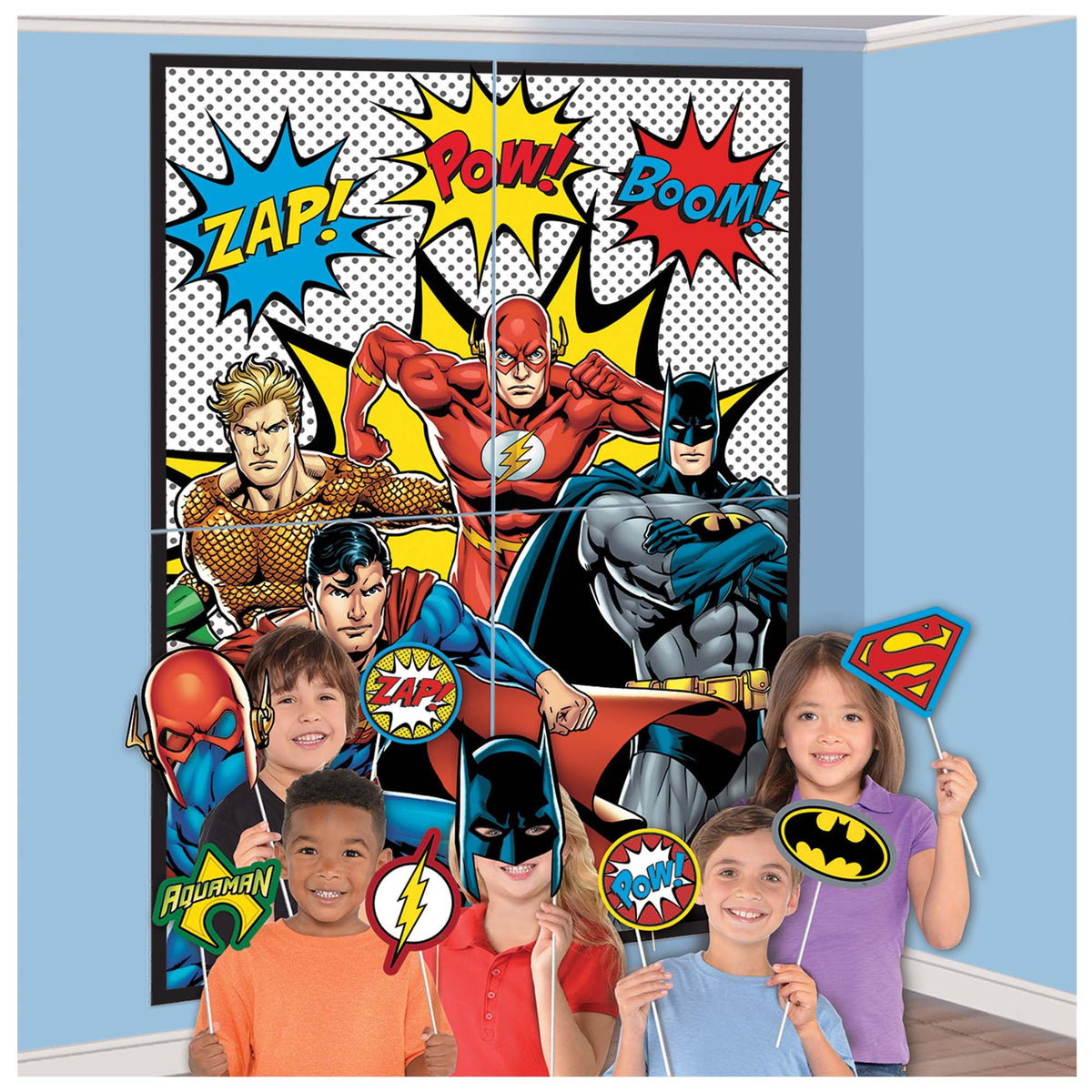 Little Gym - DC Justice League "Zap Pow Boom" Plastic Scene Setter Background Decoration with Photo Booth Props, Multi-Coloured, 65-in, 16-pk, for Birthday Party