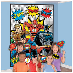 Little Gym - DC Justice League "Zap Pow Boom" Plastic Scene Setter Background Decoration with Photo Booth Props, Multi-Coloured, 65-in, 16-pk, for Birthday Party