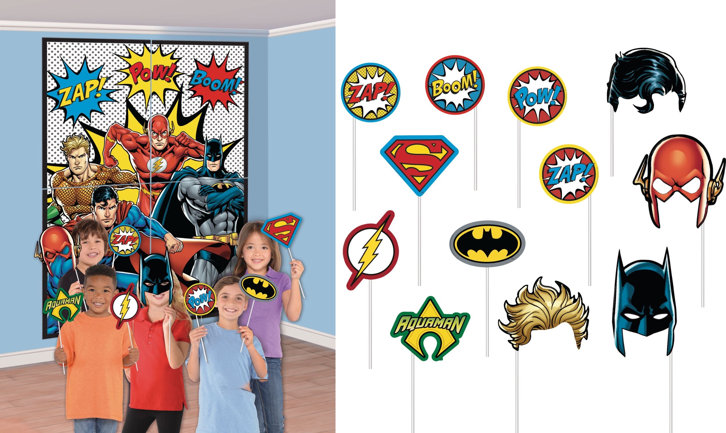 Little Gym - DC Justice League "Zap Pow Boom" Plastic Scene Setter Background Decoration with Photo Booth Props, Multi-Coloured, 65-in, 16-pk, for Birthday Party