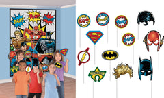 Little Gym - DC Justice League "Zap Pow Boom" Plastic Scene Setter Background Decoration with Photo Booth Props, Multi-Coloured, 65-in, 16-pk, for Birthday Party