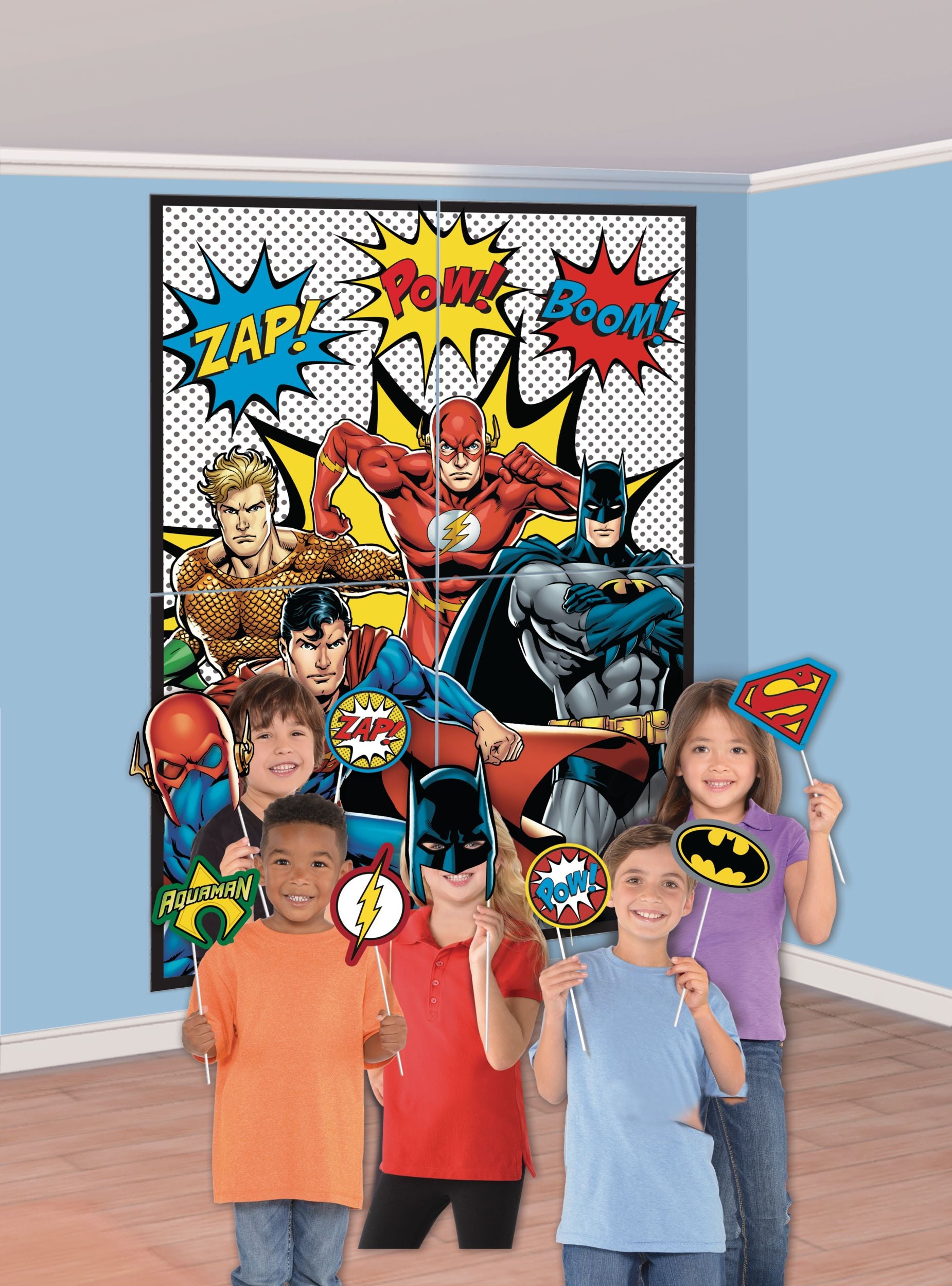 Little Gym - DC Justice League "Zap Pow Boom" Plastic Scene Setter Background Decoration with Photo Booth Props, Multi-Coloured, 65-in, 16-pk, for Birthday Party