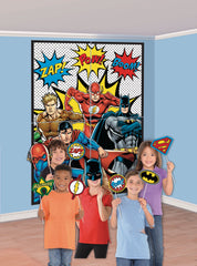 Little Gym - DC Justice League "Zap Pow Boom" Plastic Scene Setter Background Decoration with Photo Booth Props, Multi-Coloured, 65-in, 16-pk, for Birthday Party