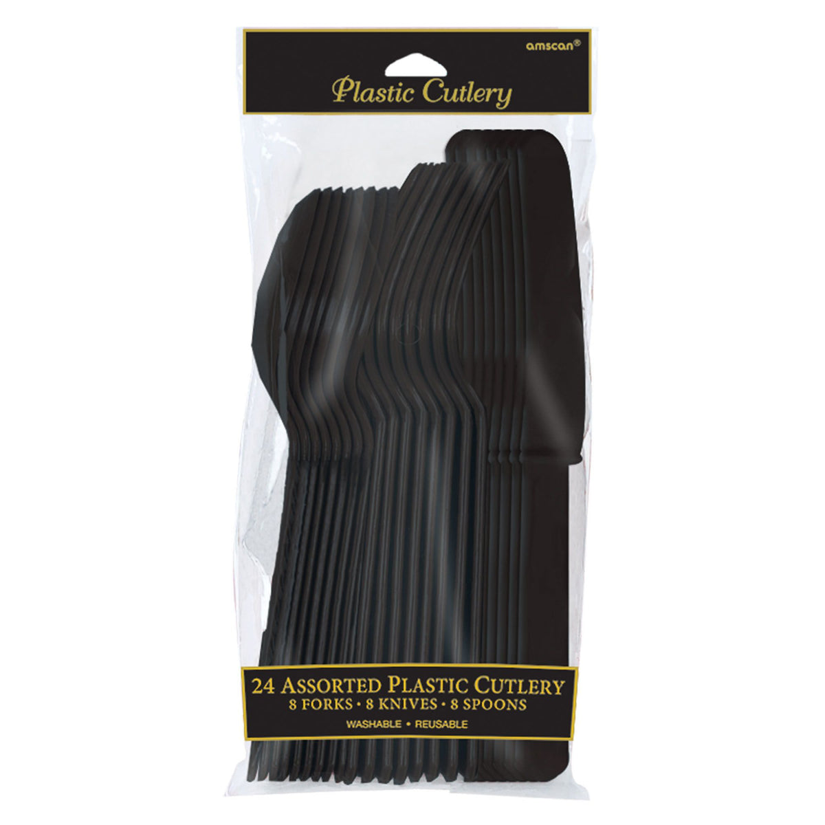 PMA - Jet Black Assorted Plastic Cutlery Set - 24 Pieces