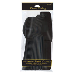 PMA - Jet Black Assorted Plastic Cutlery Set - 24 Pieces