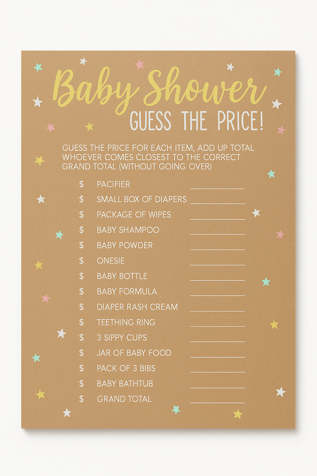 Guess the Price Baby Shower Game - 24 Fun Cards