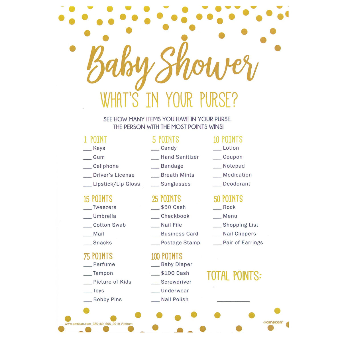 "What's in Your Purse?" Baby Shower Game - Gold & White - 24 Pack