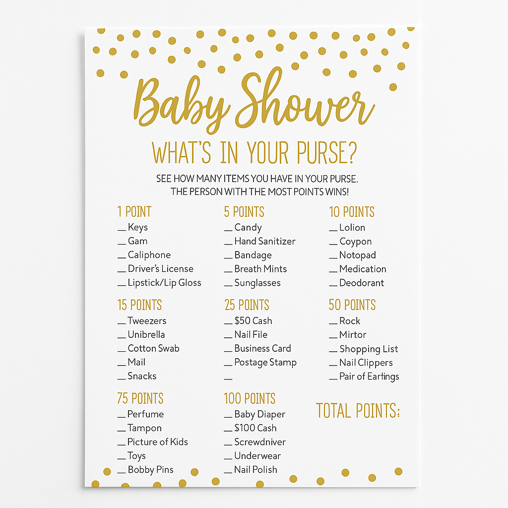 "What's in Your Purse?" Baby Shower Game - Gold & White - 24 Pack