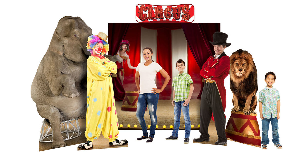 Circus Theme Backdrop Includes: (2691 Circus Lion, 2692 Circus Ring Master, Circus Backdrop and Header and 1480 Asian Elephant)