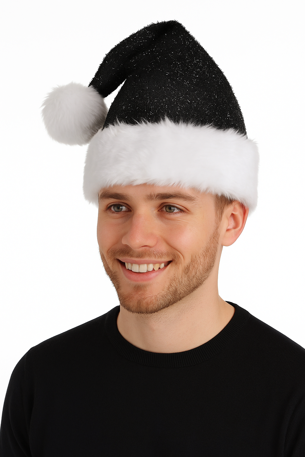 Deluxe Black Tinsel Santa Hat with Plush White Trim