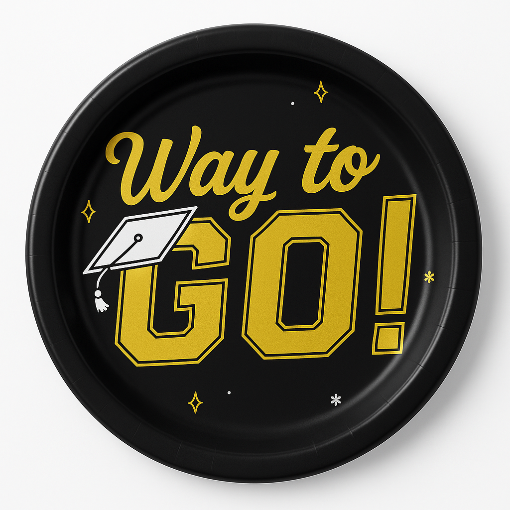 "Way to Go!" Graduation Round Coupe Platter - Black & Gold