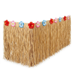 Tropical Natural Grass Table Skirt with Hibiscus Accents - 9ft x 15in