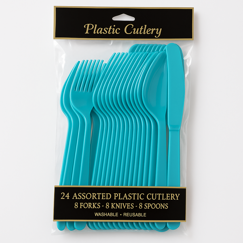 Caribbean Blue Assorted Plastic Cutlery Set - 7.5 in. - 24 Count