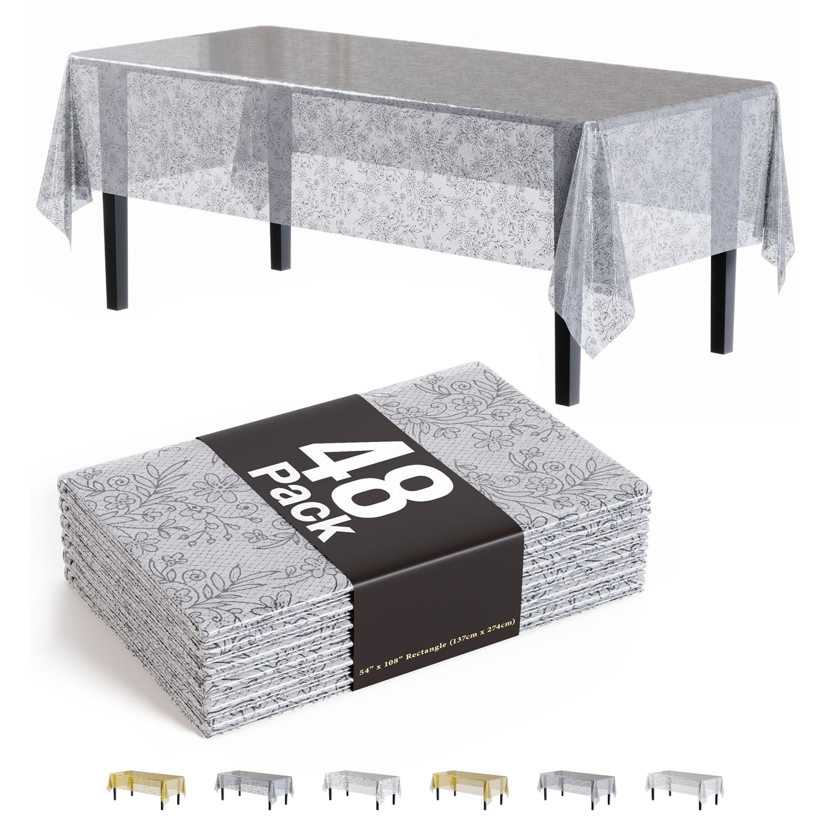 Silver Floral Plastic Table Cover | Case of 48 | 54 in. x 108 in.