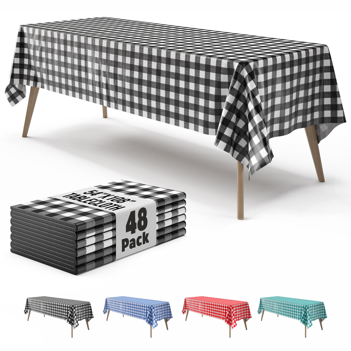 Black Gingham Plastic Table Cover | Case of 48 | 54 in. x 108 in.
