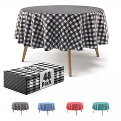 Round Black Gingham Plastic Table Cover | 84 in. | Case of 48