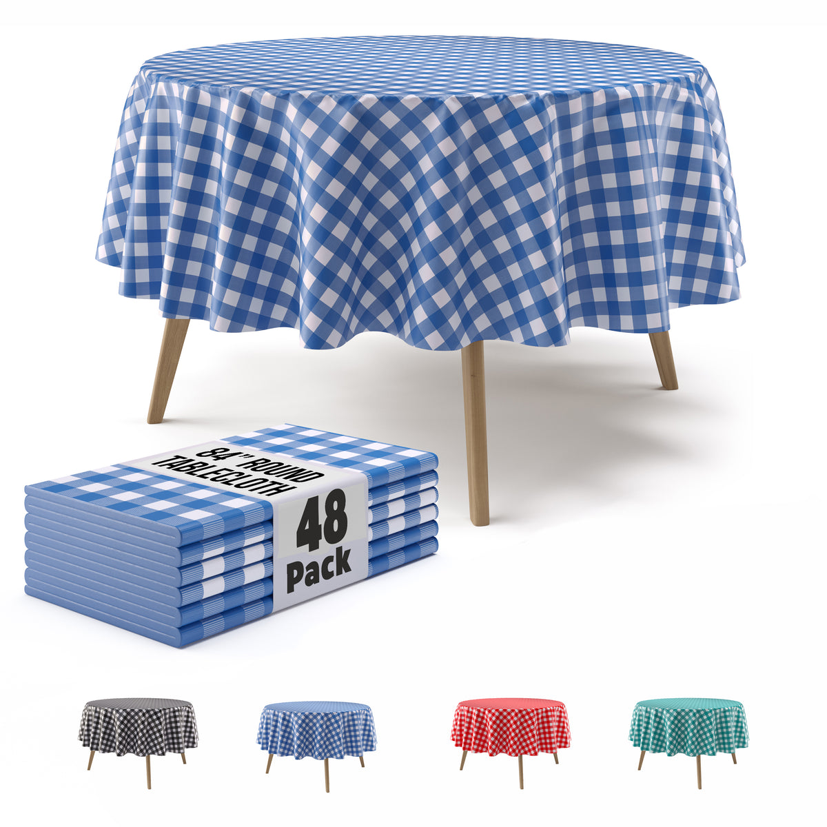 Round Blue Gingham Plastic Table Cover | 84 in. | Case of 48