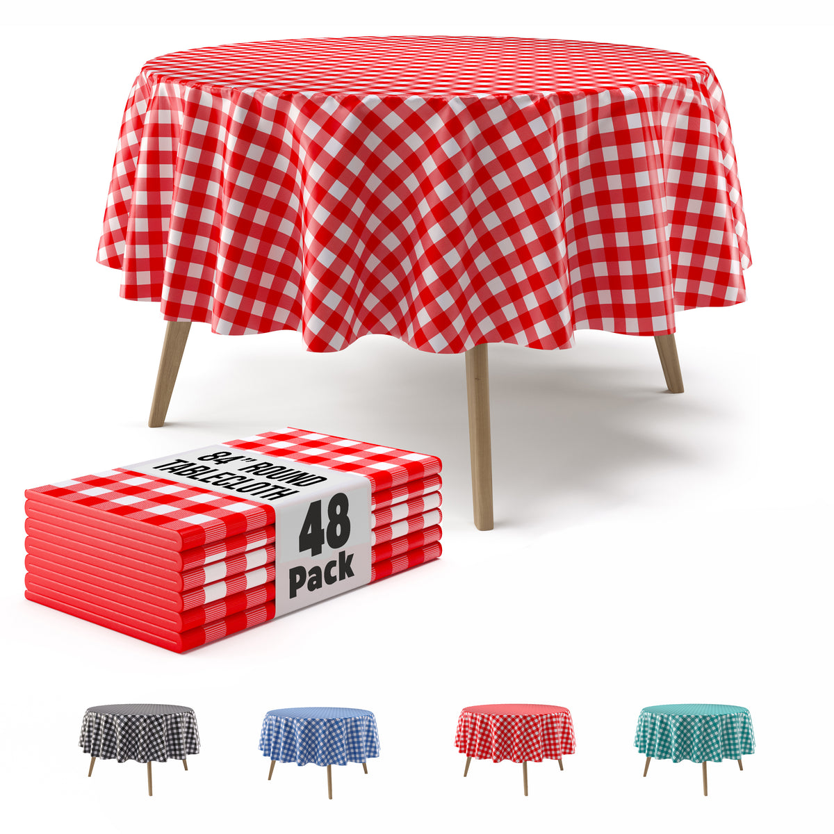 Round Red Gingham Plastic Table Cover | 84 in. | Case of 48