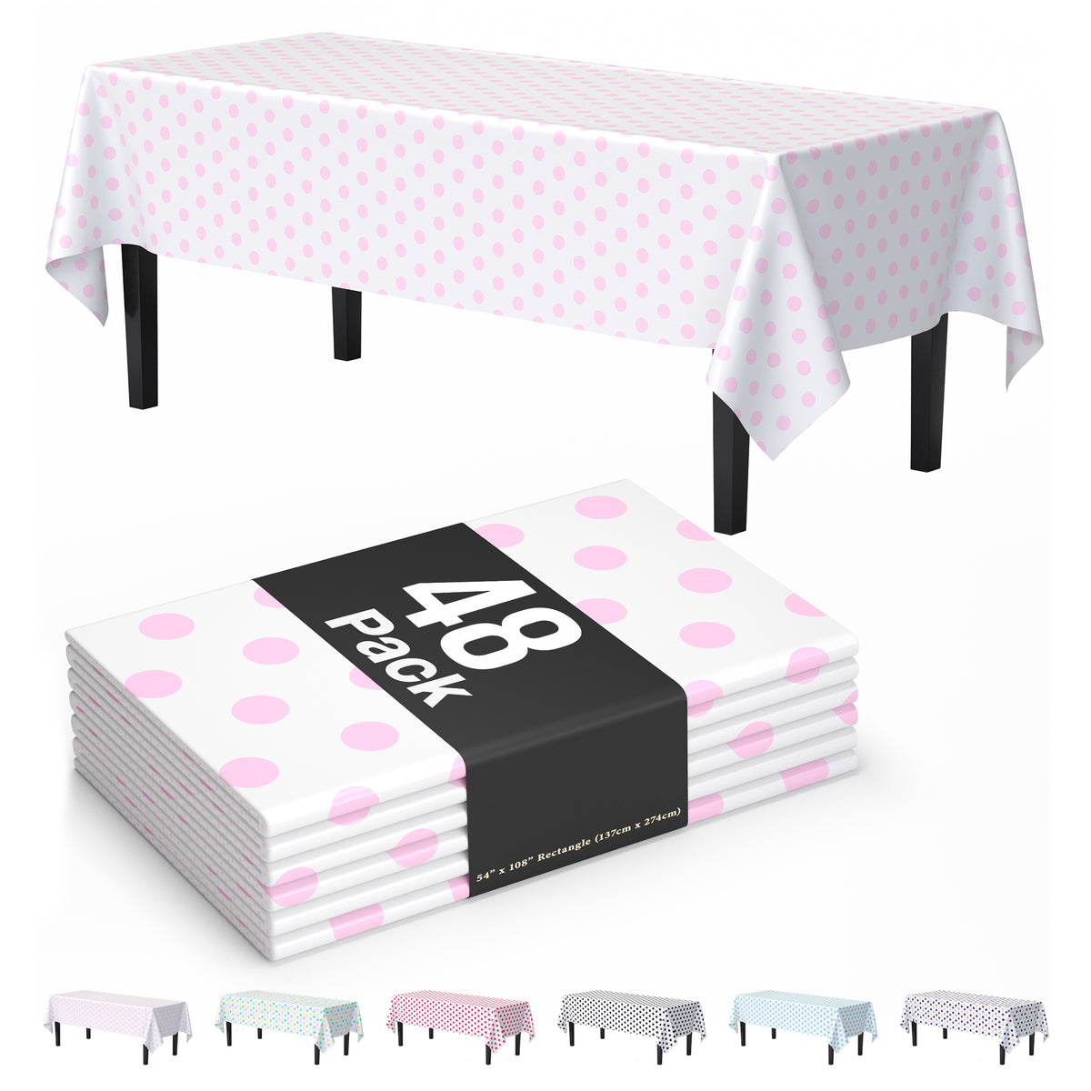 Pink Polka Dot Plastic Table Cover | Case of 48 | 54 in. x 108 in.