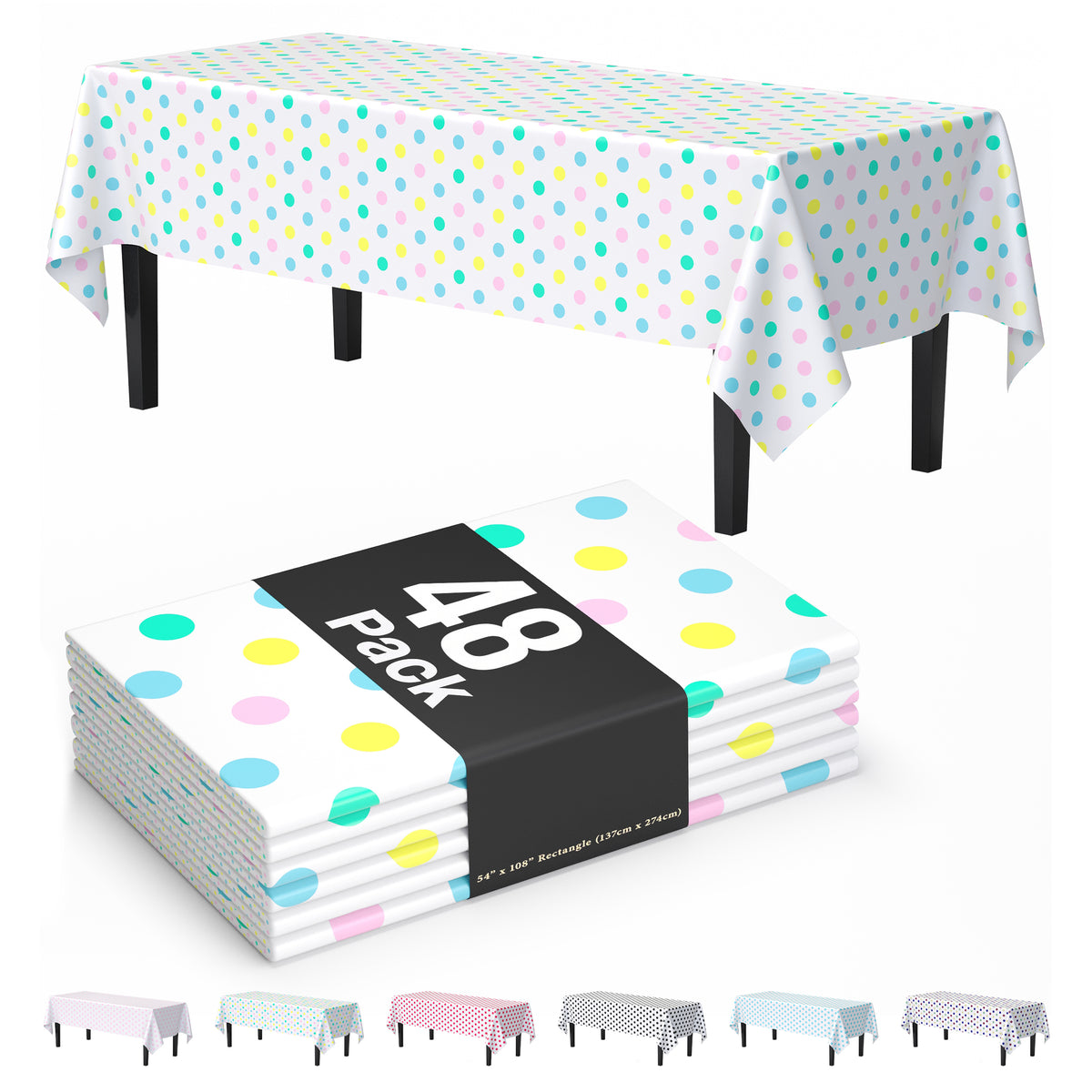 Pastel Polka Dot Plastic Table Cover | Case of 48 | 54 in. x 108 in.