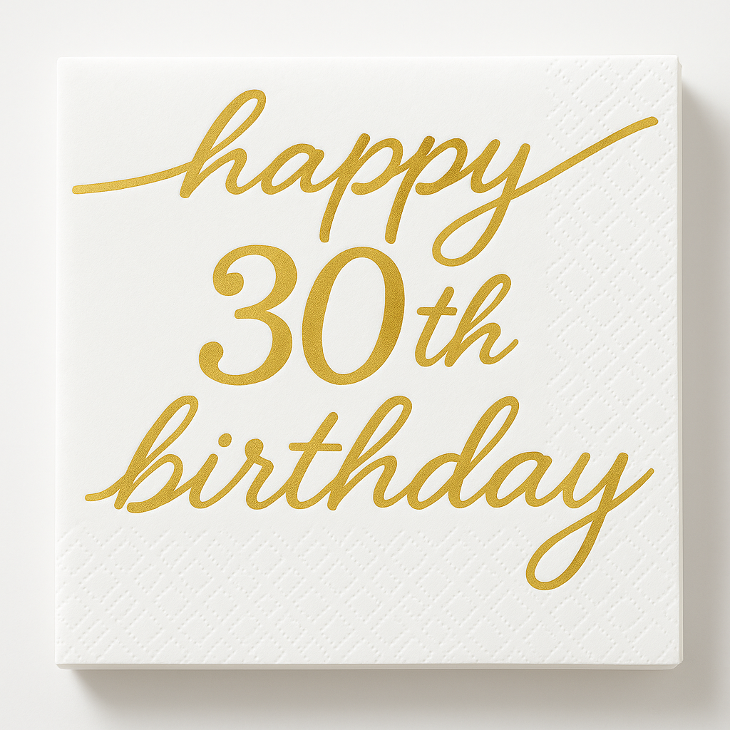 Golden Age "Happy 30th Birthday" Beverage Napkins, Gold/White, 16-Pack - 5 In. X 5 In.