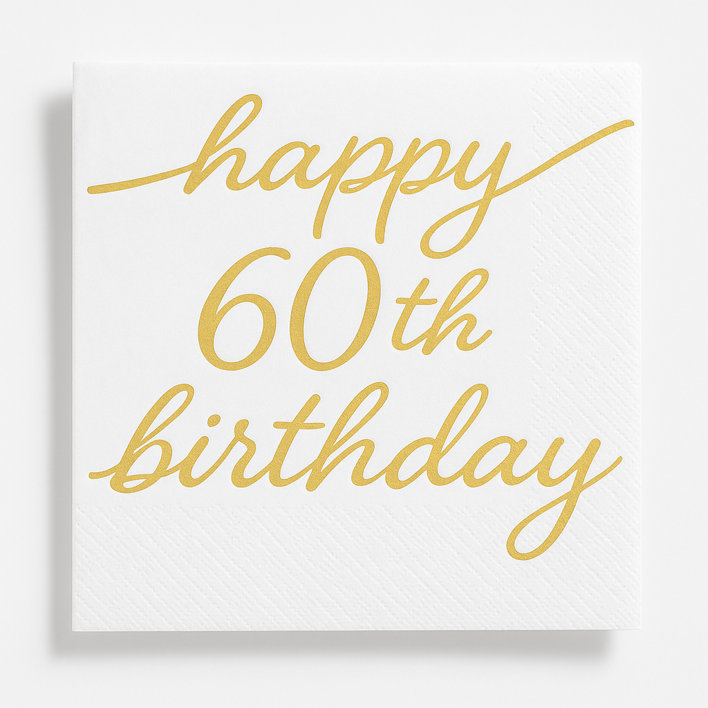 Golden Age 60th Birthday Beverage Napkins, Gold/White, 16-Pack - 5 In. X 5 In.