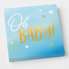 Oh Baby Blue & Gold Beverage Napkins for Baby Shower - 5 In. X 5 In.